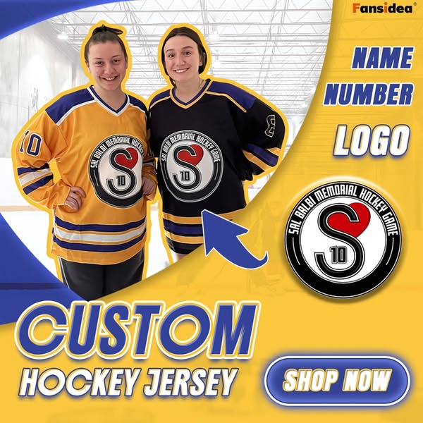 hockey jersey, sports jersey, team uniform, custom jersey, hockey shirt, product launch, brand awareness, modern typography, energetic, bold, blue, yellow
